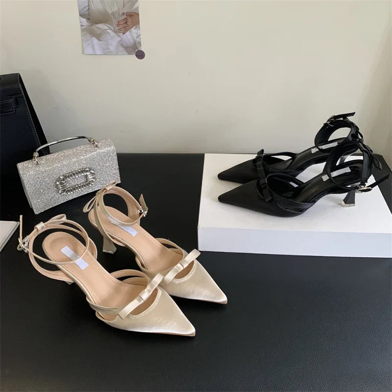 Satin Ankle Buckle Strap Women Pumps with Pointed Toe and Thin Low Heels