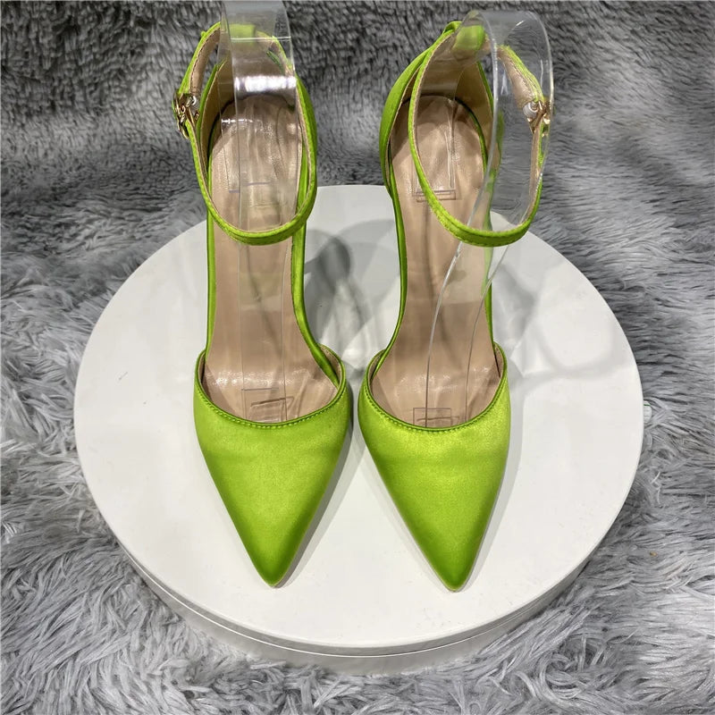 Silk Satin Ankle Strap Pointy Toe High Heel Shoes for Women in Black, Pink, and Green