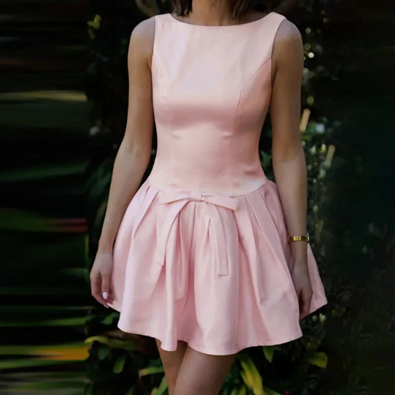 Bow Backless Pleated Slim Mini Dress