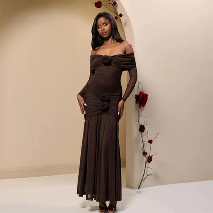 3D Flower-appliqué Mesh Long Sleeve Fishtail Maxi Dress