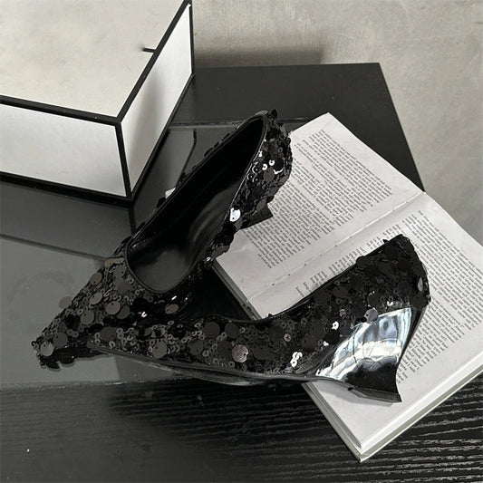 Gold Silver Sequins Fashion Women Pumps Pointed Toe Wedge Heel