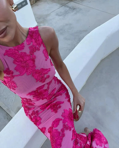 Floral Embroidered Pink Maxi Dress
