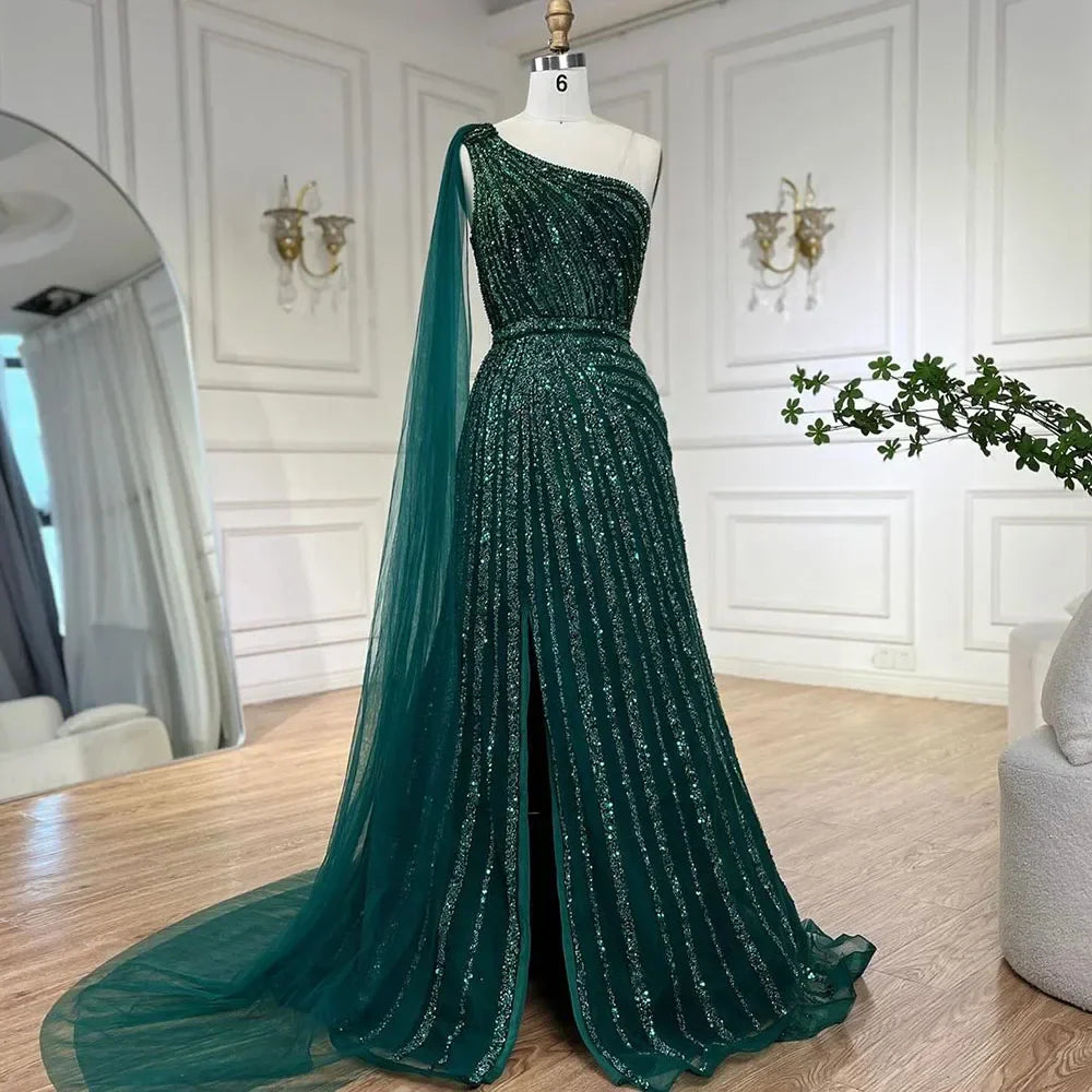 One-Shoulder Cape Sleeve Beaded Evening Dresses
