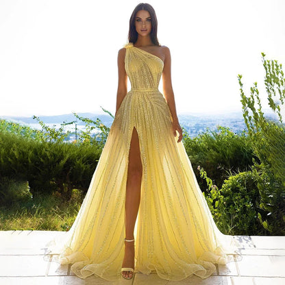 One-Shoulder Cape Sleeve Beaded Evening Dresses