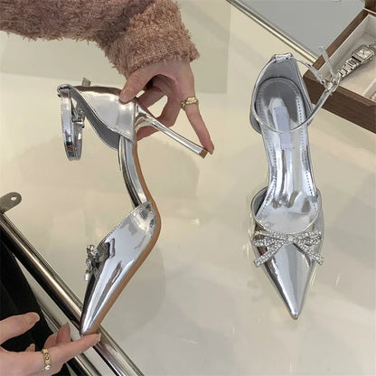 Crystal Butterfly-knot Pointed Toe Buckle Strap Women Pumps Sandals with Thin High Heels