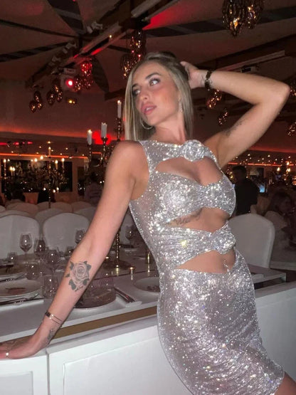 Rhinestone 3D Flower Bodycon Mini Dress