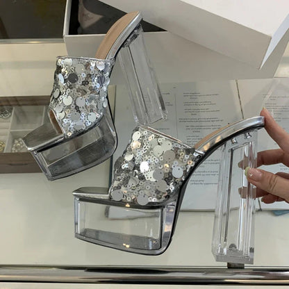 Sequin Women Slippers Summer Platform Square Toe Slide Shoes