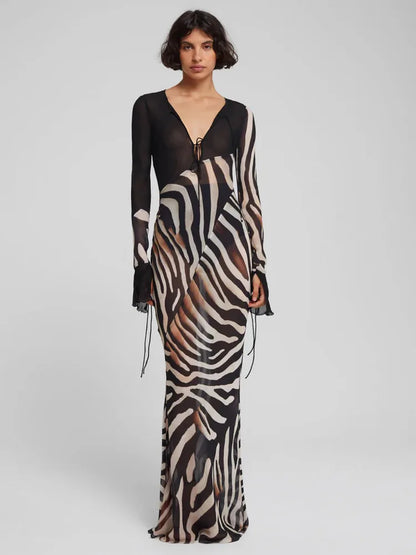 Print Zebra Striped Patchwork Long Sleeves Maxi Dress