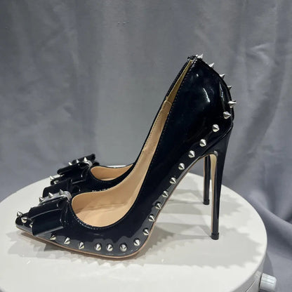 Black Spikes Bow Pointy Toe High Heel Shoes
