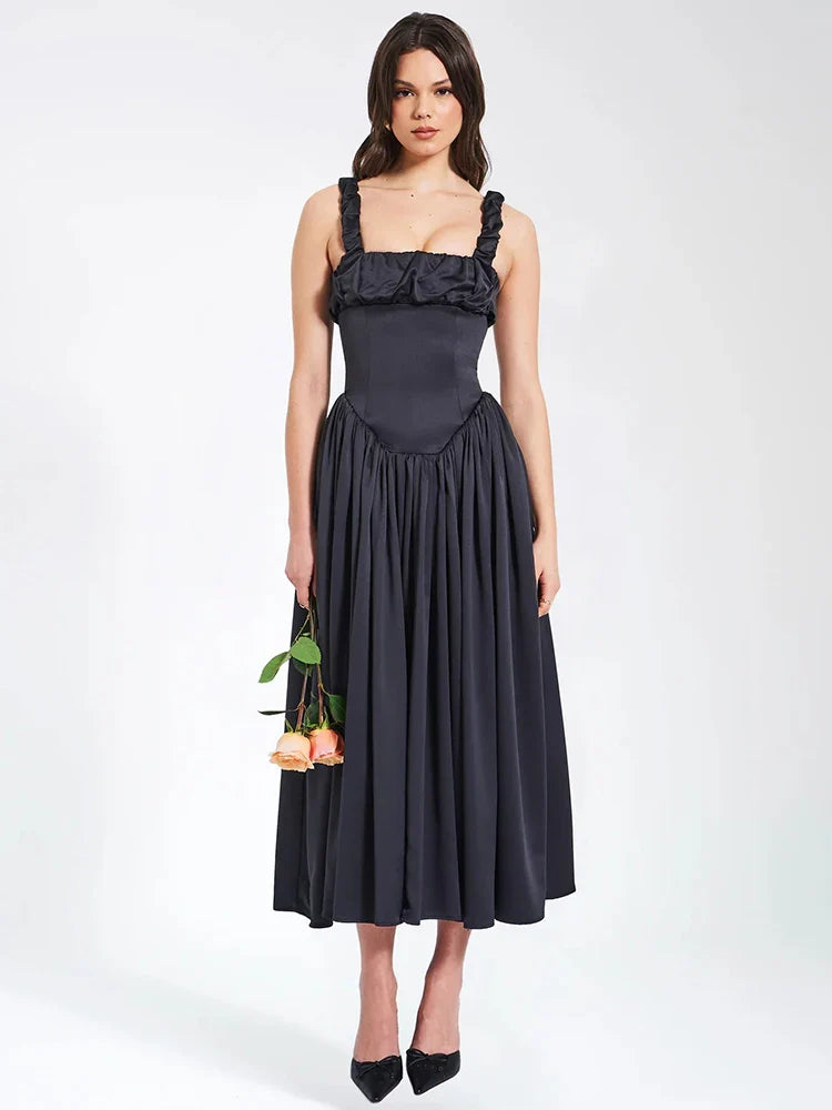 Square Neck Satin Pleated Midi Dress