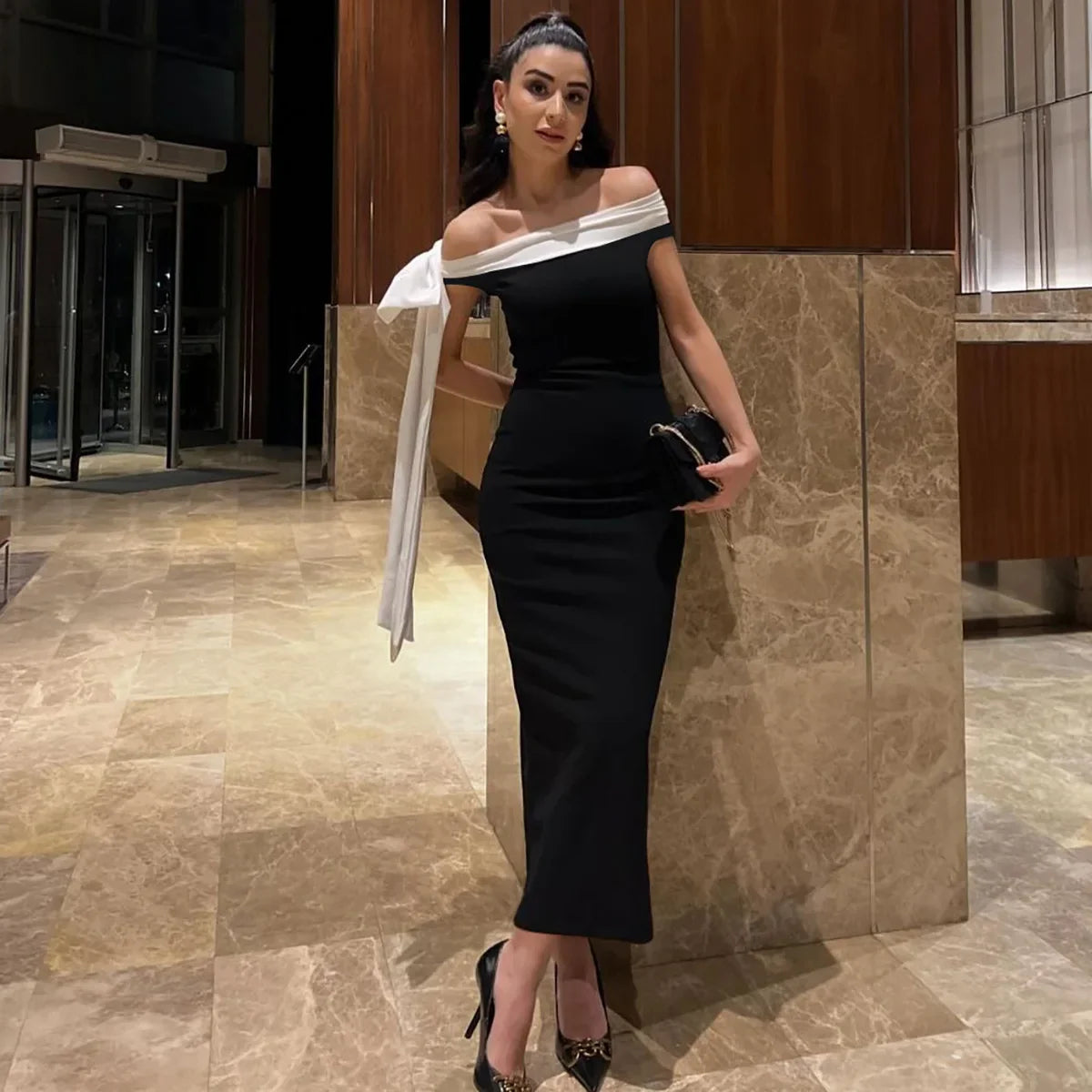 Bow Ribbon Off Shoulder Midi Dress