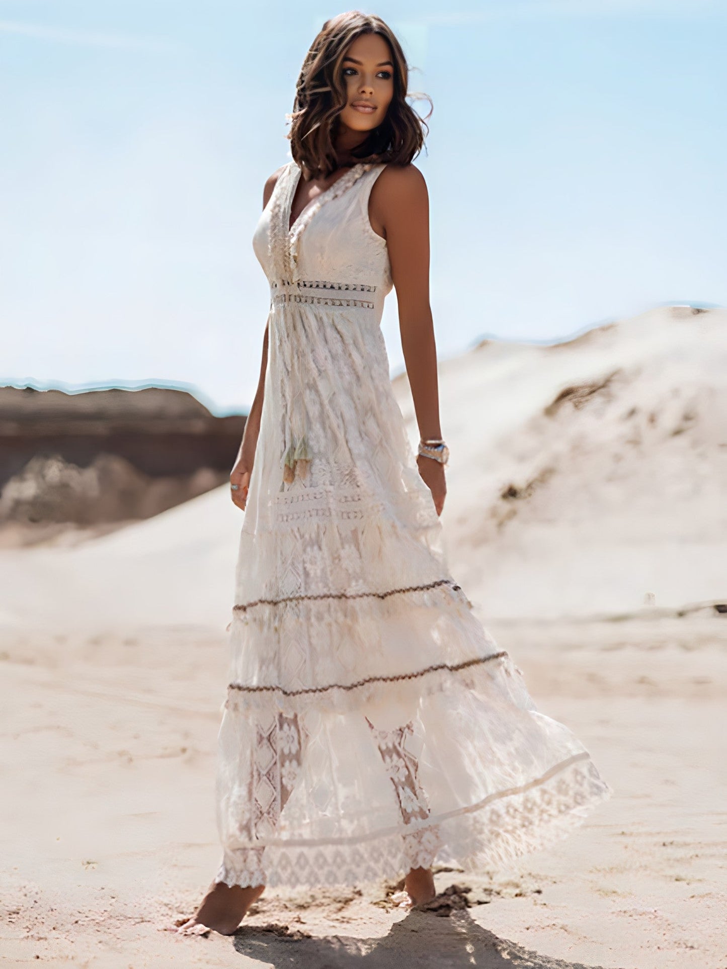 Crochet Lace Deep V-Neck Fringe Trim High-Slit Tiered Boho Maxi Dress