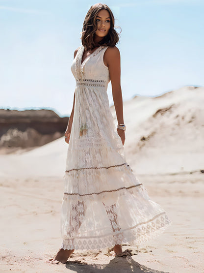 Crochet Lace Deep V-Neck Fringe Trim High-Slit Tiered Boho Maxi Dress