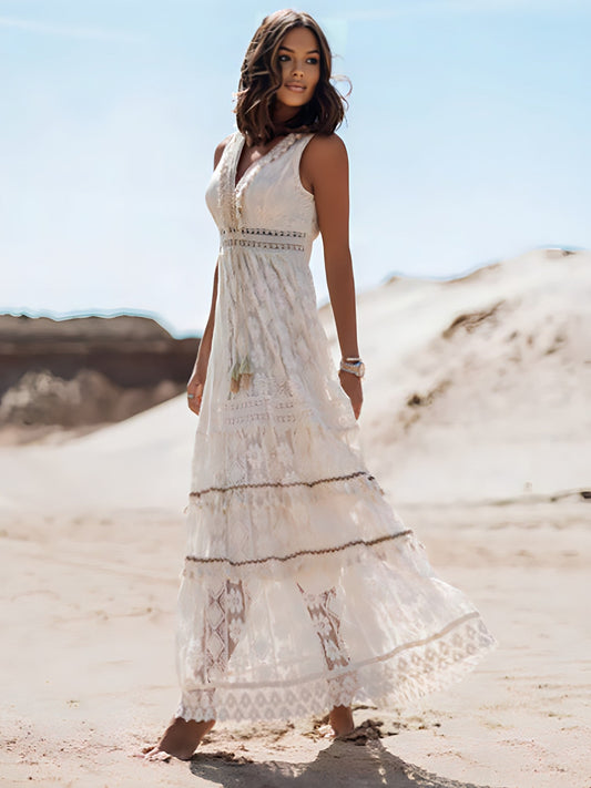 Crochet Lace Tiered Scalloped Hem Side Slit Maxi Dress