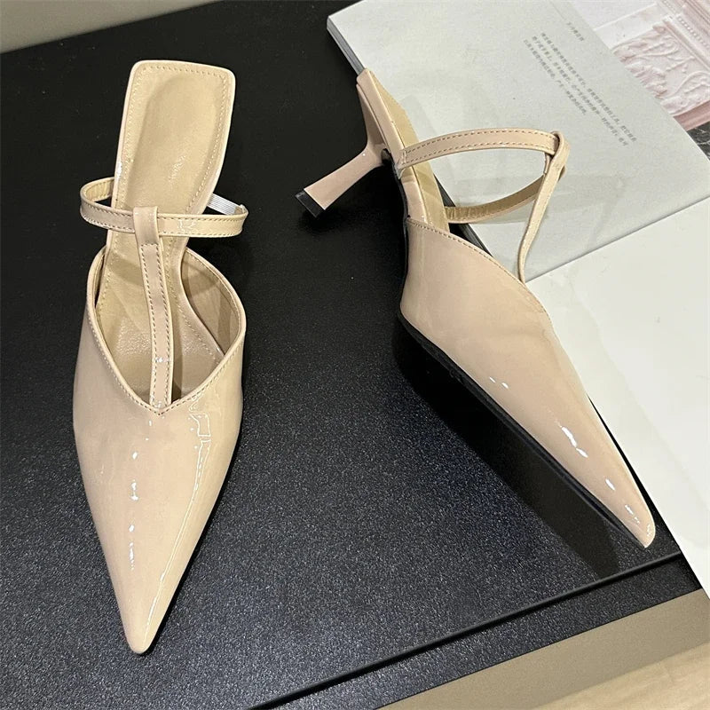 Patent Leather Hollow Out Slippers with Thin Heels and Pointed Toe for Women