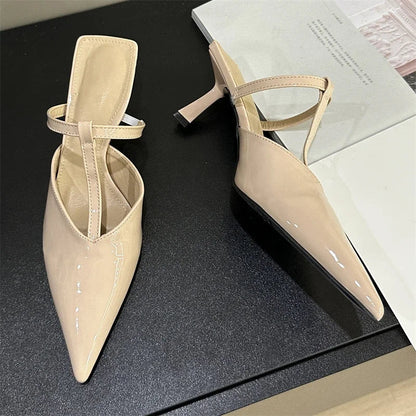 Patent Leather Hollow Out Slippers with Thin Heels and Pointed Toe for Women