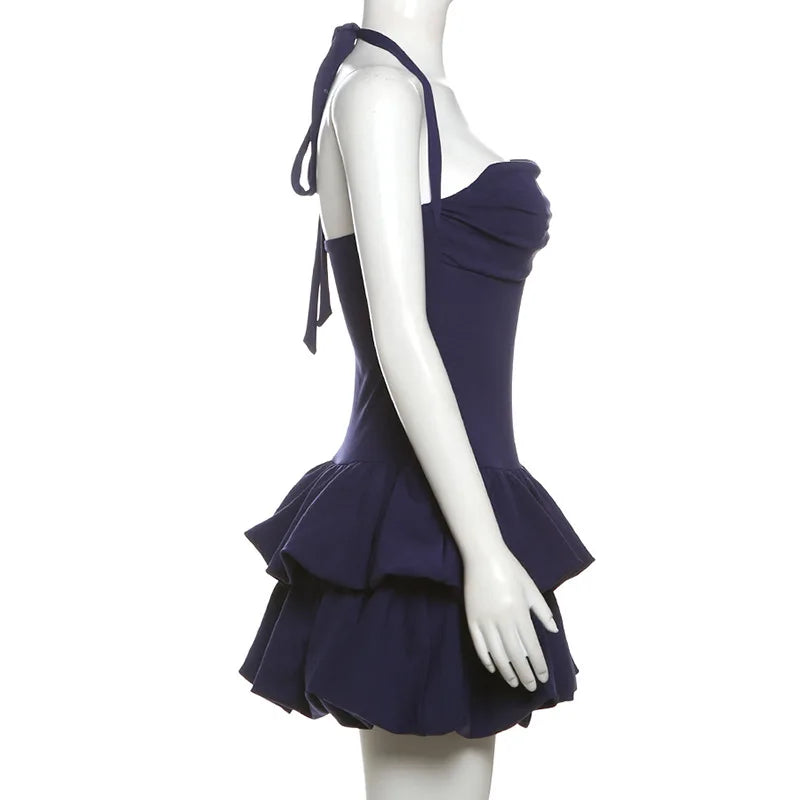 Halter Neck Square Neck Tiered Bubble Hem Mini Dress