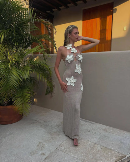 Knit Crochet Flower Applique Halter Maxi Dress