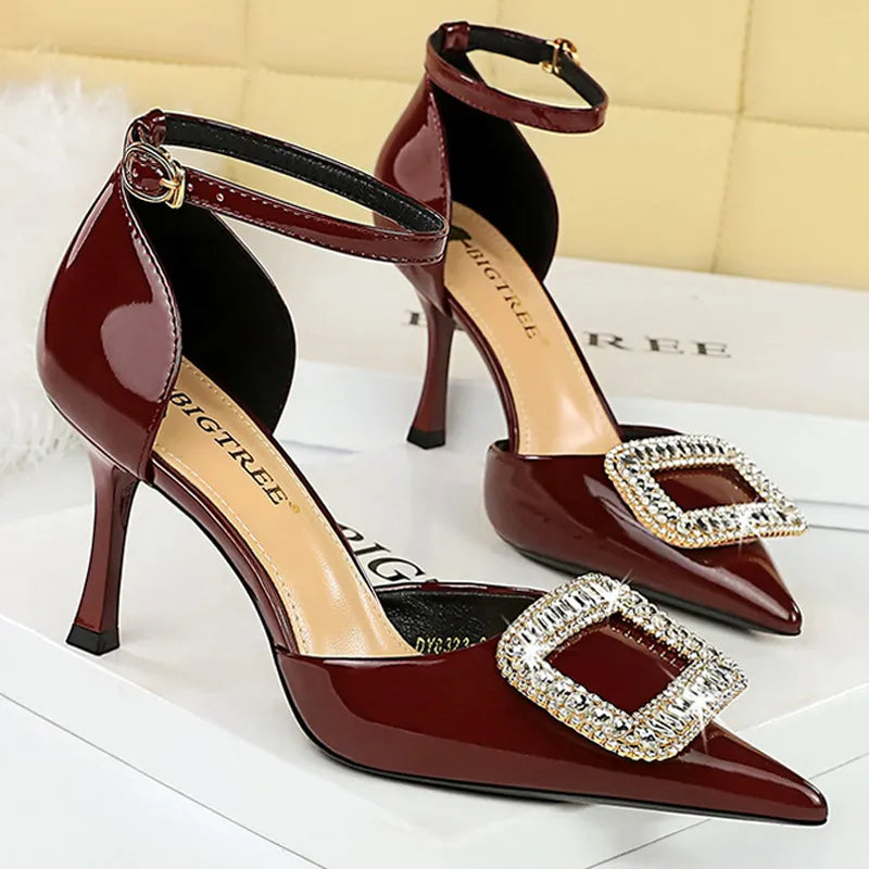 Patent Leather Rhinestone Kitten Heel Women Sandals with Buckle for Summer