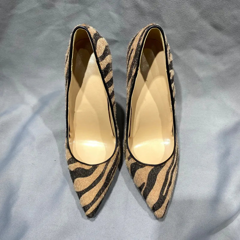 Hairy Brown Zebra Women Pointy Toe High Heel Shoes