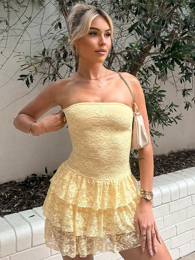 Lace Strapless Pleated Cake Bodycon Dress