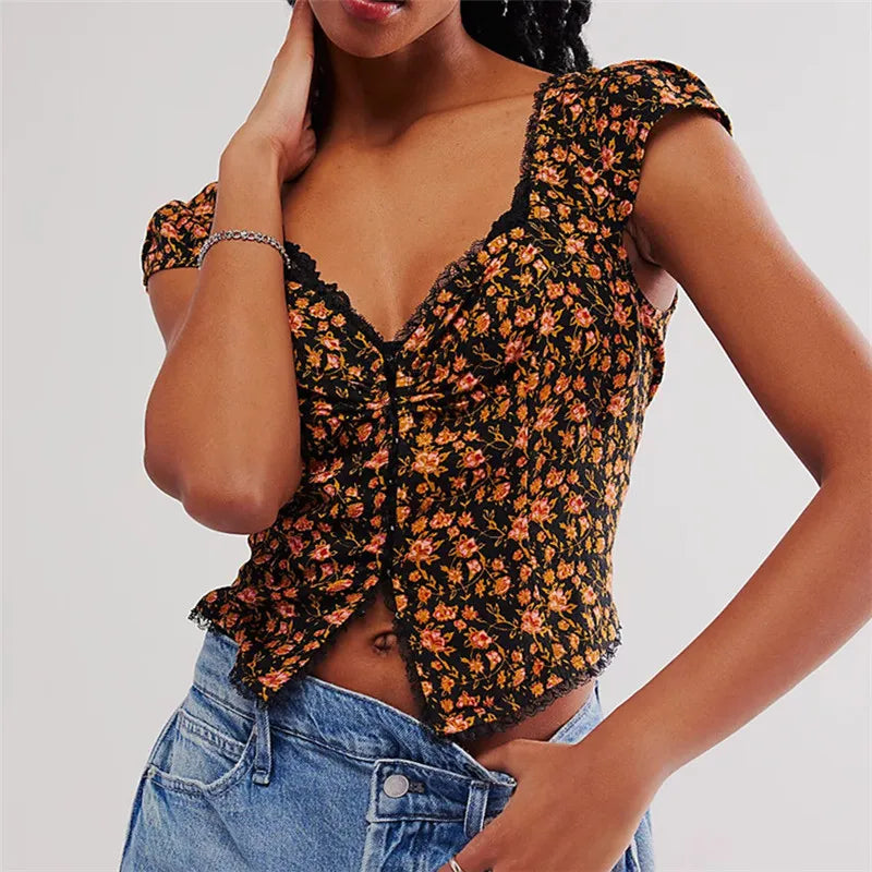 | Floral Ruche Crop Top