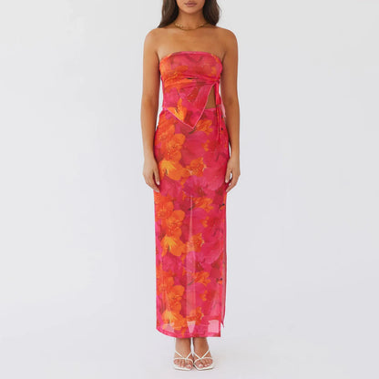 Floral Bandeau Bodycon Skirt Two Piece Set