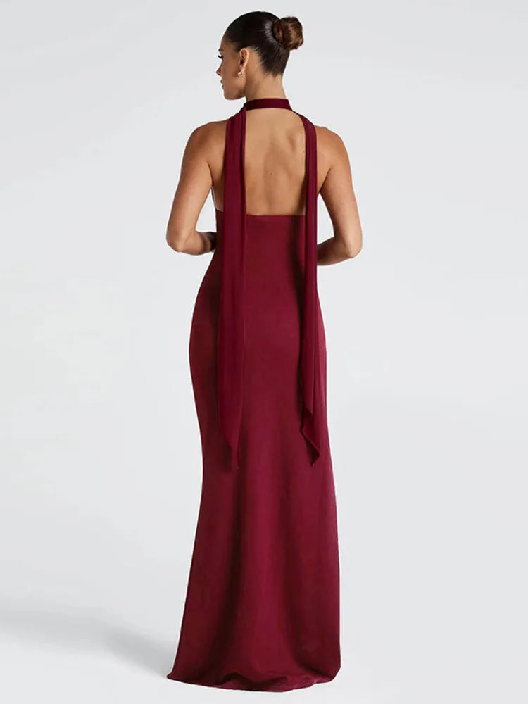 Halter Deep V Split Maxi Bodycon Dress