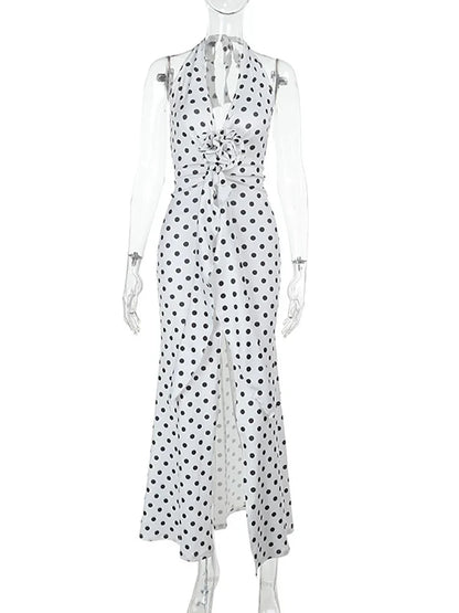3D Flowers Polka Dot Print Backless Dress