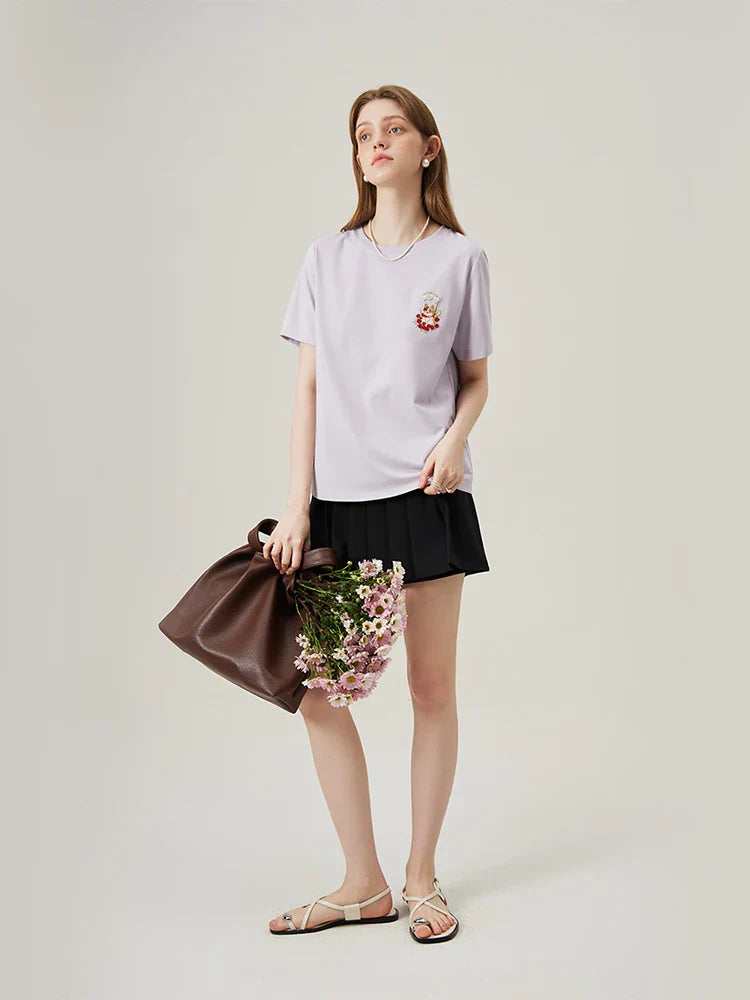 Cat Embroidered Beige Loose T-shirt