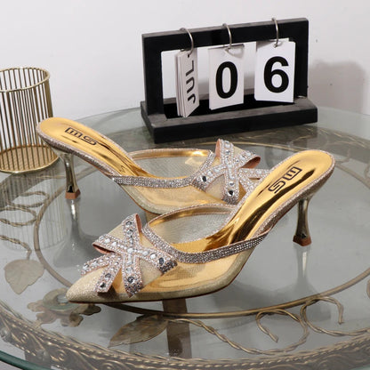 Golden summer pointed shallow bow high heeled sandals