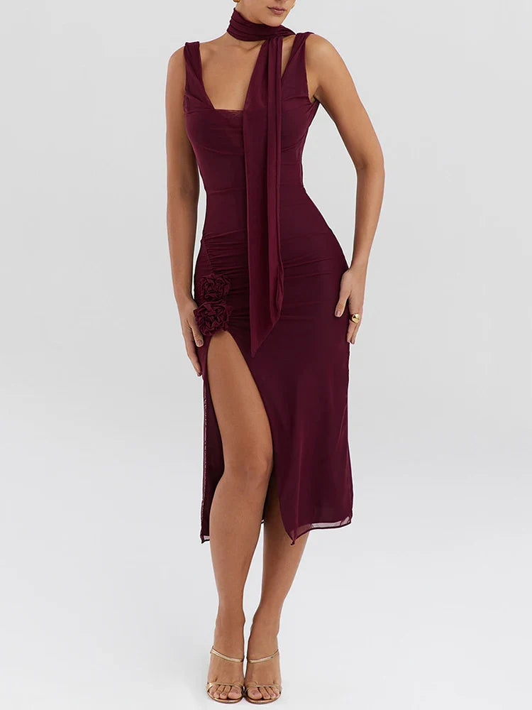 Flower Split Mesh Midi Dress
