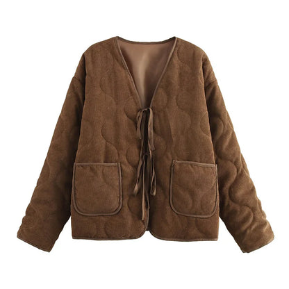 Brown Quilted Padded Suede Coat Women Long Sleeve Lace Up Cropped Jacket Autumn Winter Casual Lightweight New In Outerwears