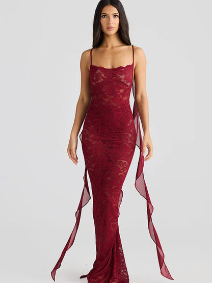 | Backless Lace Mermaid Gown with Chiffon Streamers