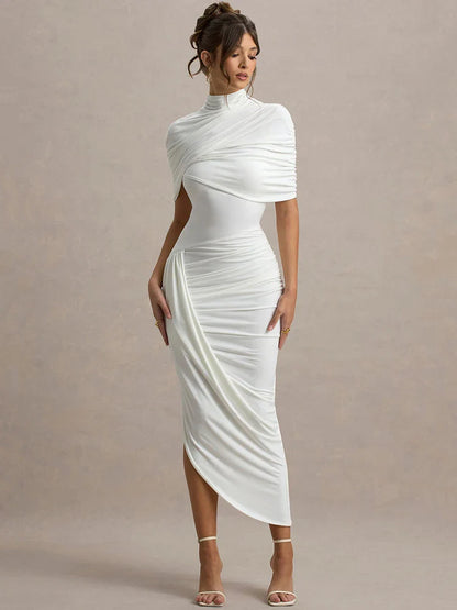 Half Sleeve Turtleneck Ruched Bodycon Dress
