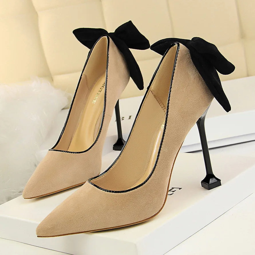 Bowknot Suede Female Kitten Heels Pumps - Spring New High-heels