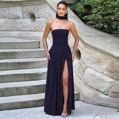 Backless Slit Ribbon Strapless Maxi Dress