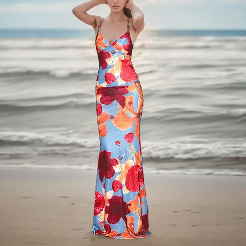 Beaded Contrast Floral Cami Vacation Dress