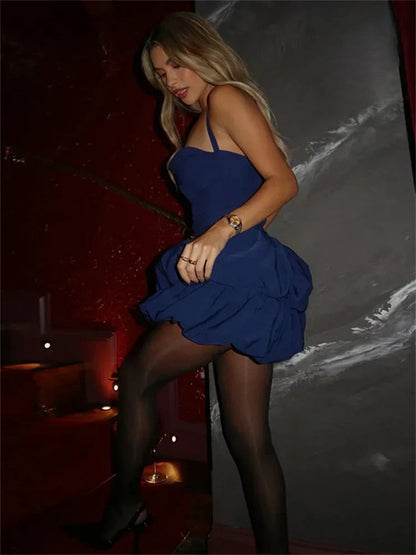 Halter Neck Square Neck Tiered Bubble Hem Mini Dress