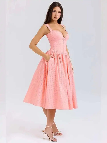 Embroidery Strap A-Line Midi Dress
