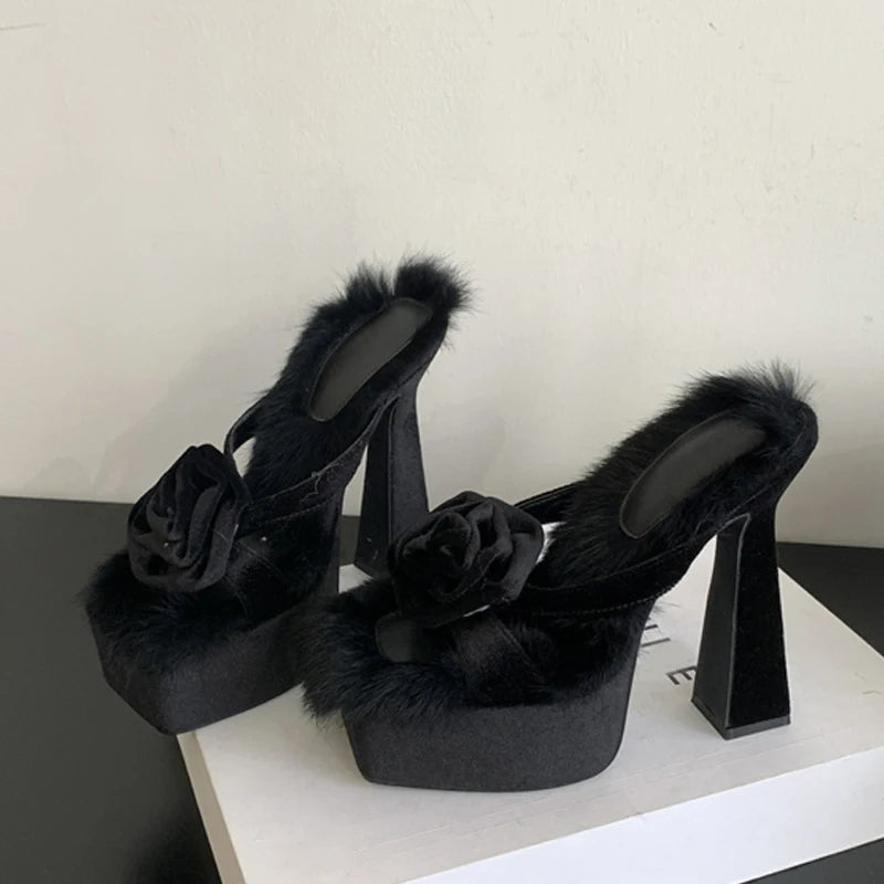 Chunky Platform Slippers For Women Fashion Corduroy Flowers Open Toe High Heels Sandals