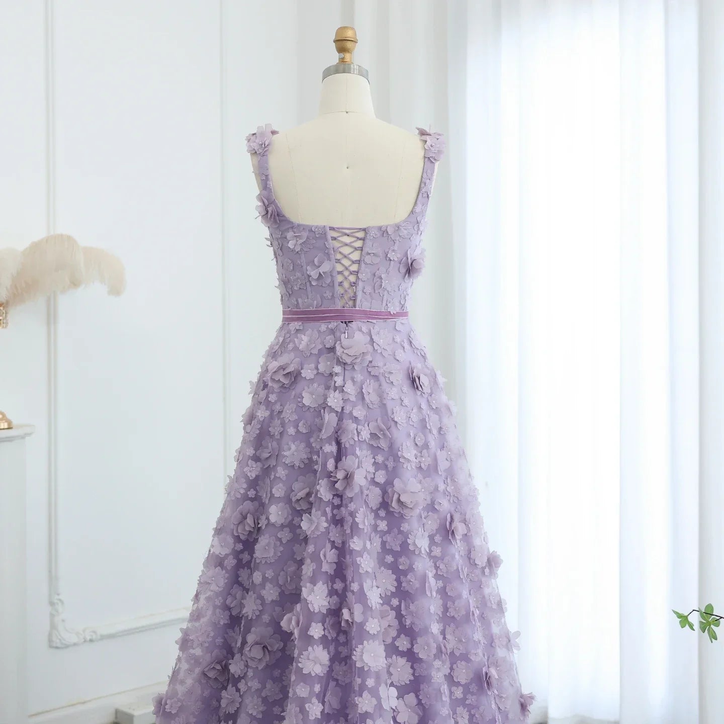 Lilac 3D Embroidered Flowers High Slit Evening Dress