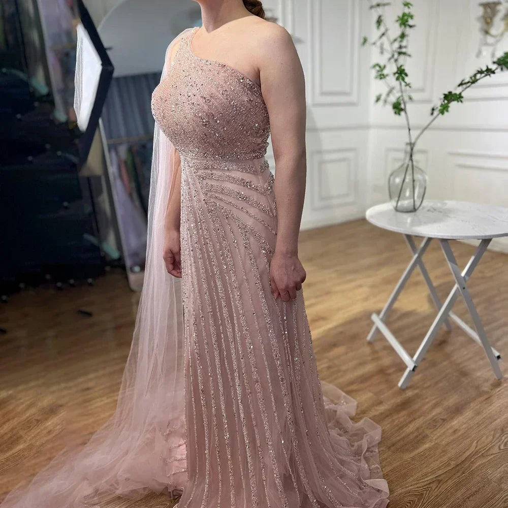 One-Shoulder Cape Sleeve Beaded Evening Dresses