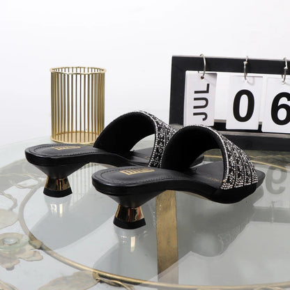 Luxurious Rhinestone Square Toe Black Sandals with 4CM Heel