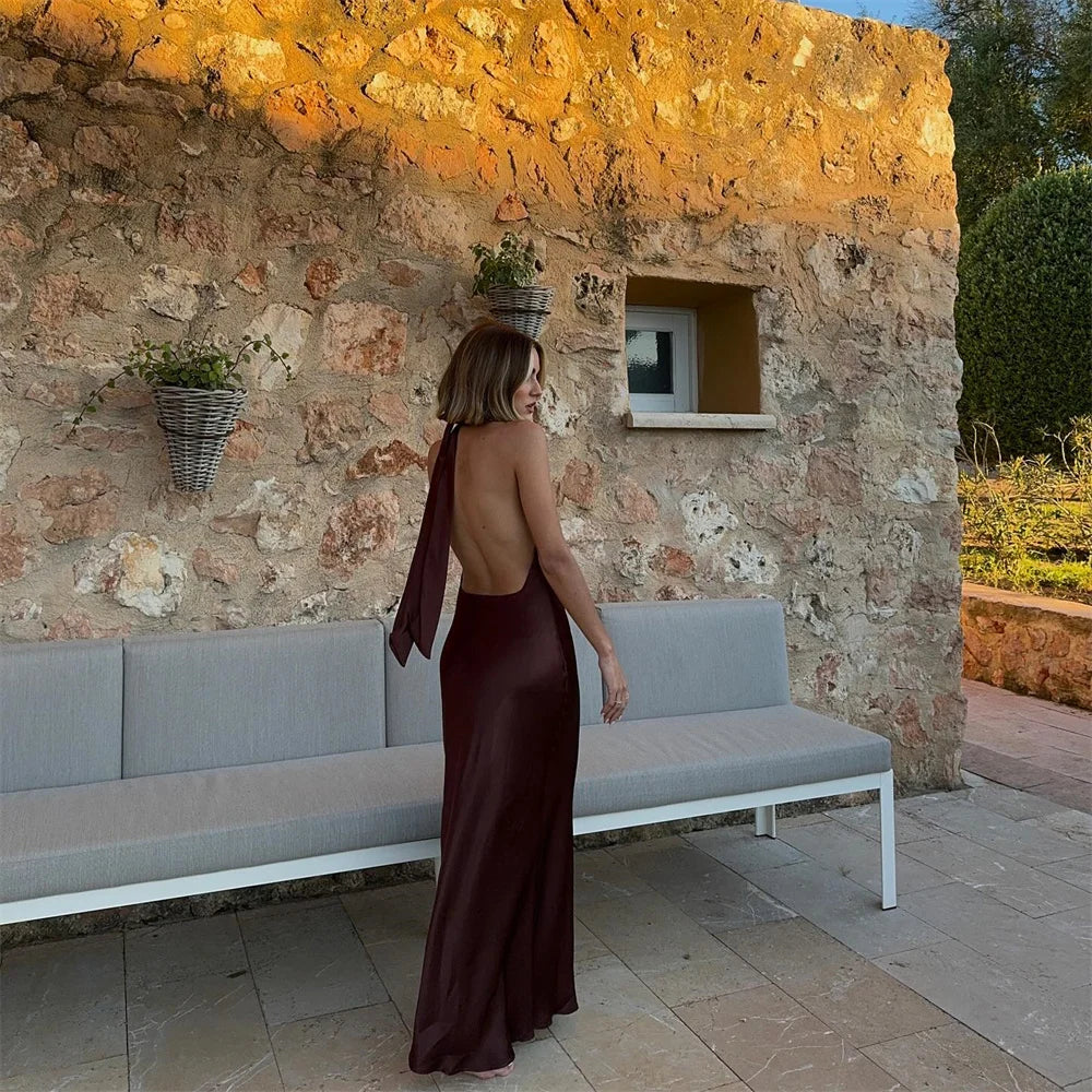 Slanted Collar Halter Ruched Maxi Dress