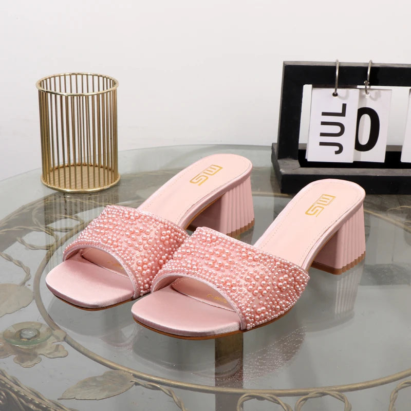 Luxurious ladies slippers with thick square head and 6cm coarse heel