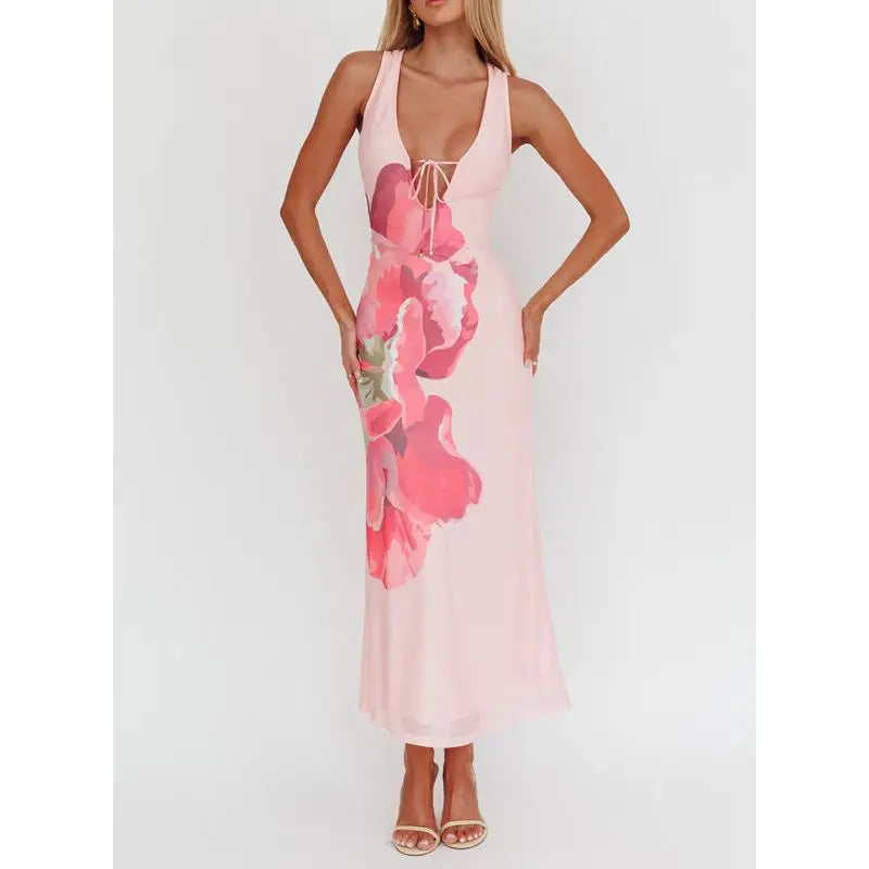 Lace-up Tie-dye Mesh Long Vacation Dress