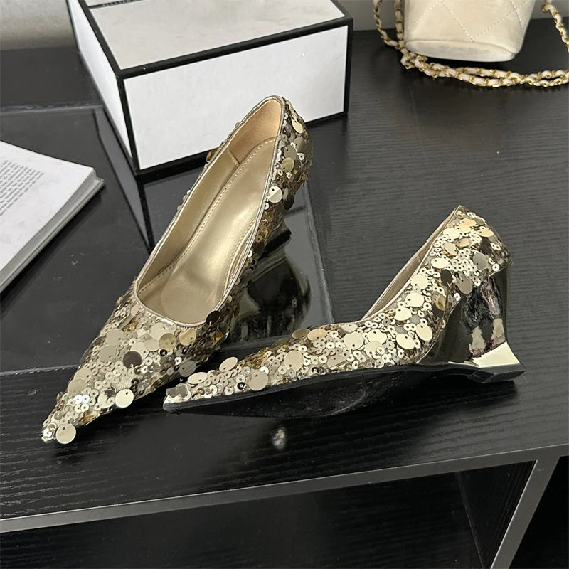 Gold Silver Sequins Fashion Women Pumps Pointed Toe Wedge Heel