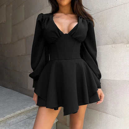 Plunging V-Neck Puff Sleeve Tiered Ruffle Mini Dress