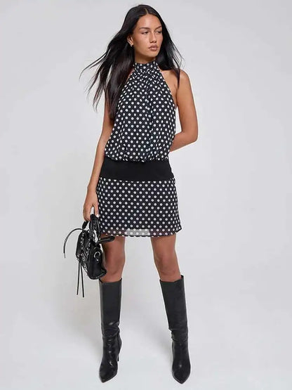 Polka Dot Patchwork Halter Mini Dress